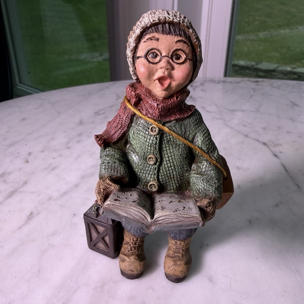 Vintage Sarah's Attic Boy Caroler Figurine with Glasses, Book, and Lantern‎